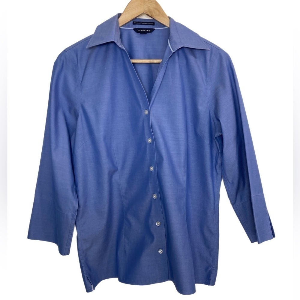 Lands End no iron pinpoint Oxford 3/4 sleeve button up blouse